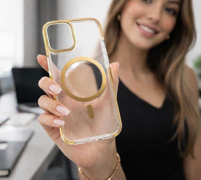 iPhone 14 Pro Max Crystal Clear Case with Gold MagSafe & Electroplated Edges
