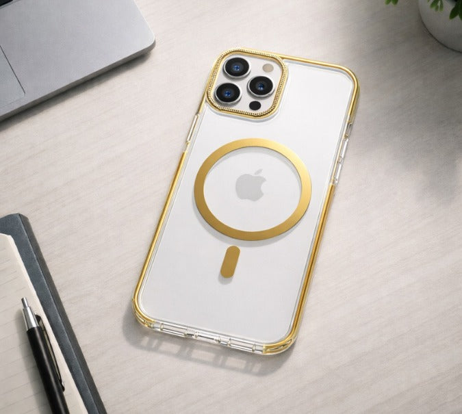 iPhone 14 Pro Max Crystal Clear Case with Gold MagSafe & Electroplated Edges