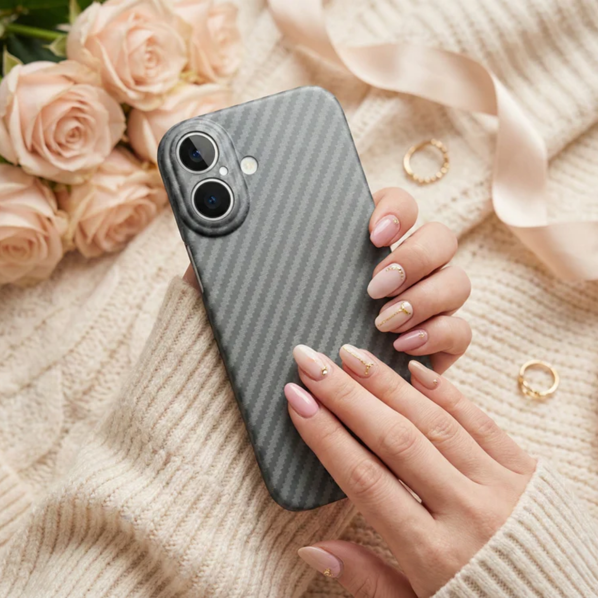 iPhone 16 Hard Case with Premium Carbon Fiber Texture & MagSafe - Matte Black