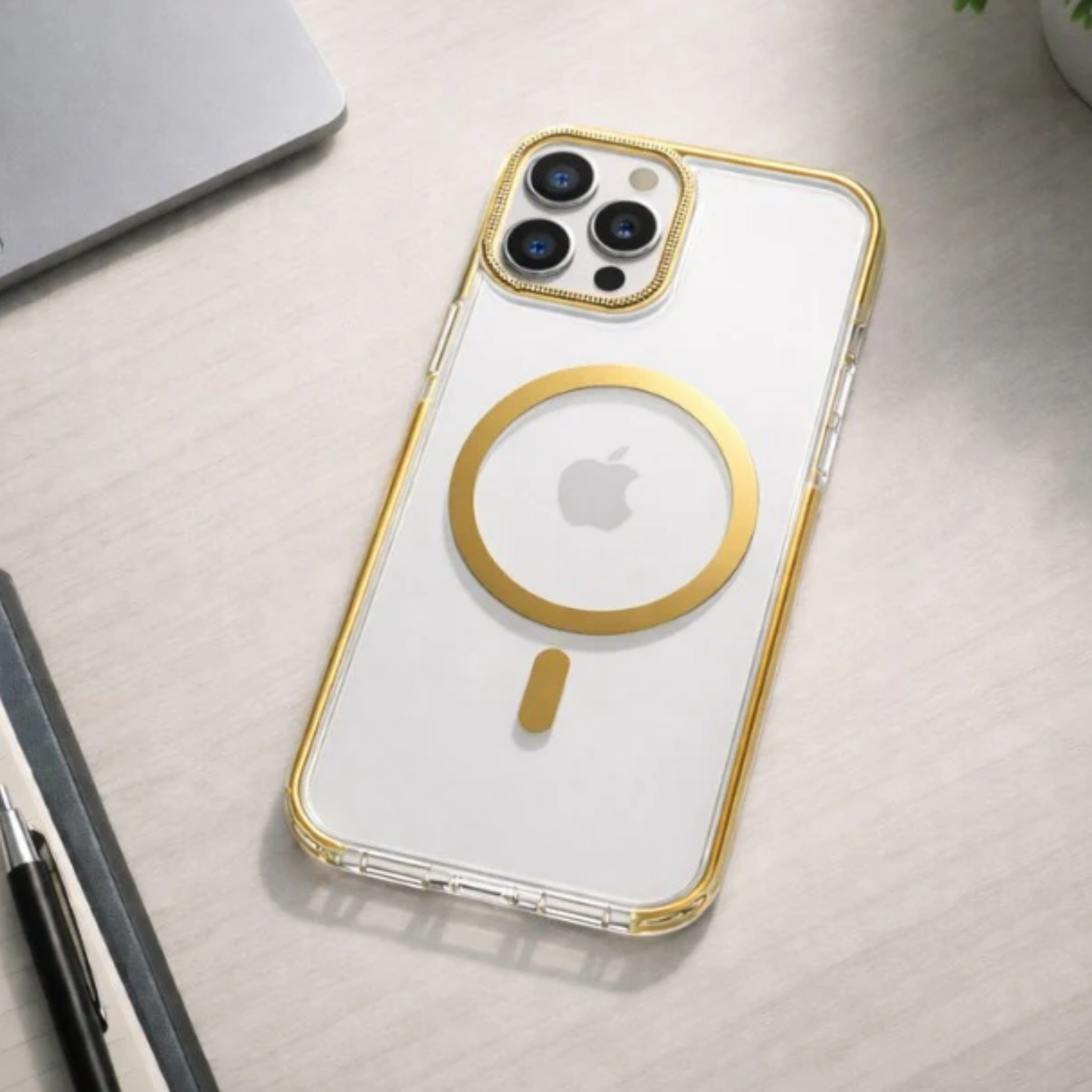 iPhone 14 Pro Max Crystal Clear Case with Gold MagSafe & Electroplated Edges