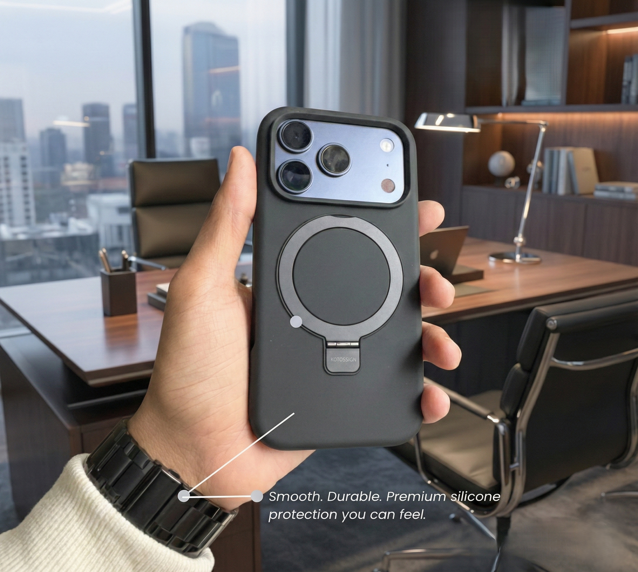 iPhone 17 Pro Premium MagSafe Silicone Case with 360° Ring Stand - Matte Black