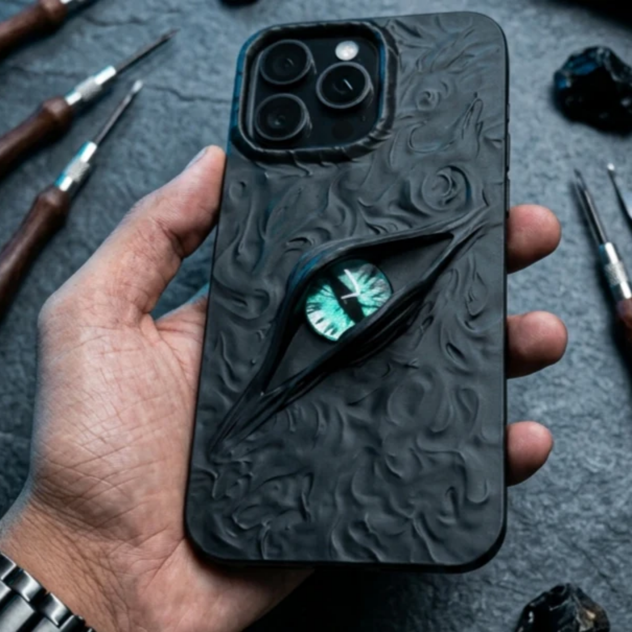 iPhone 14 Pro 3D Eye Sculpted Silicone Case - Textured Black
