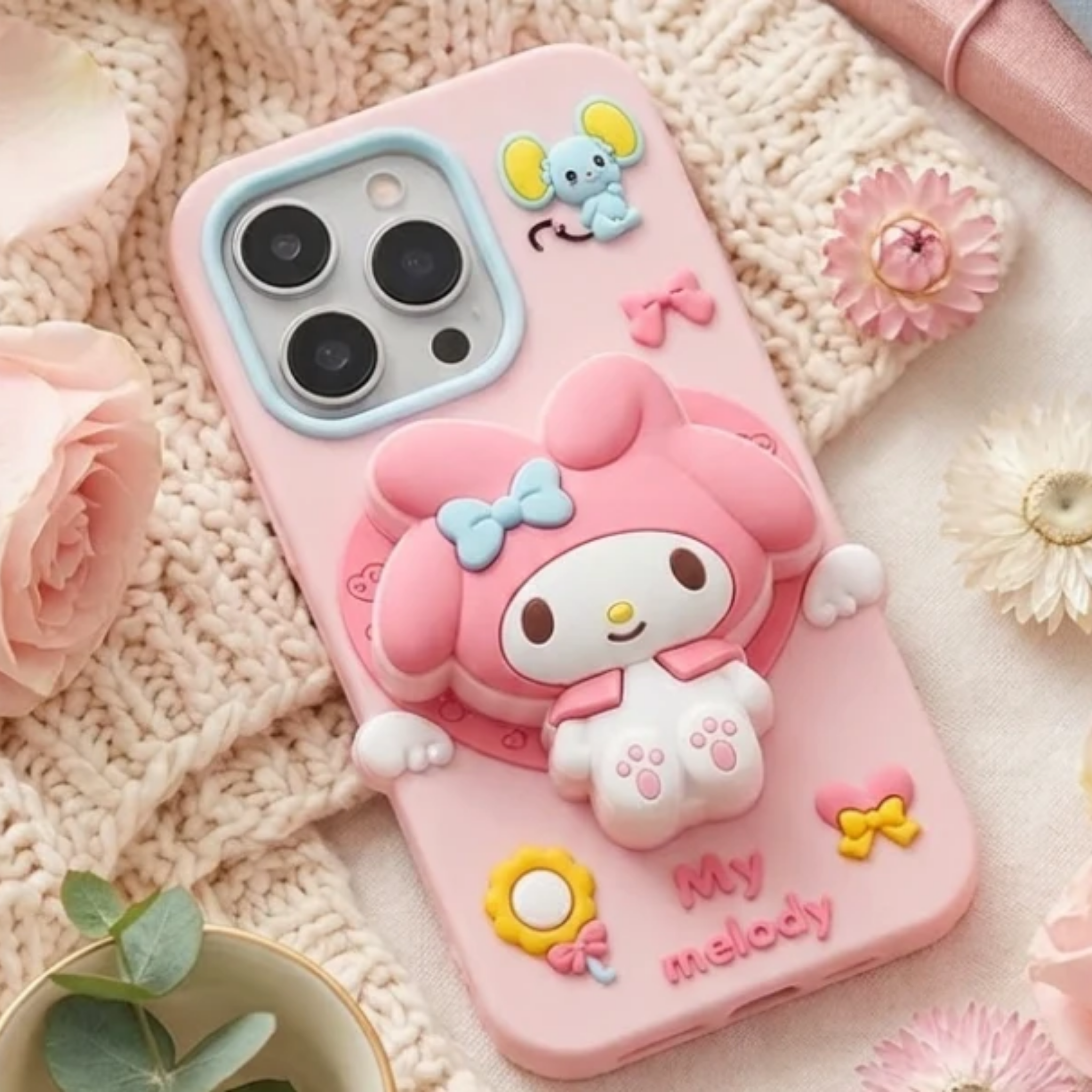iPhone 15 Pro 3D "My Melody" Pop-Socket Silicone Case - Pastel Pink