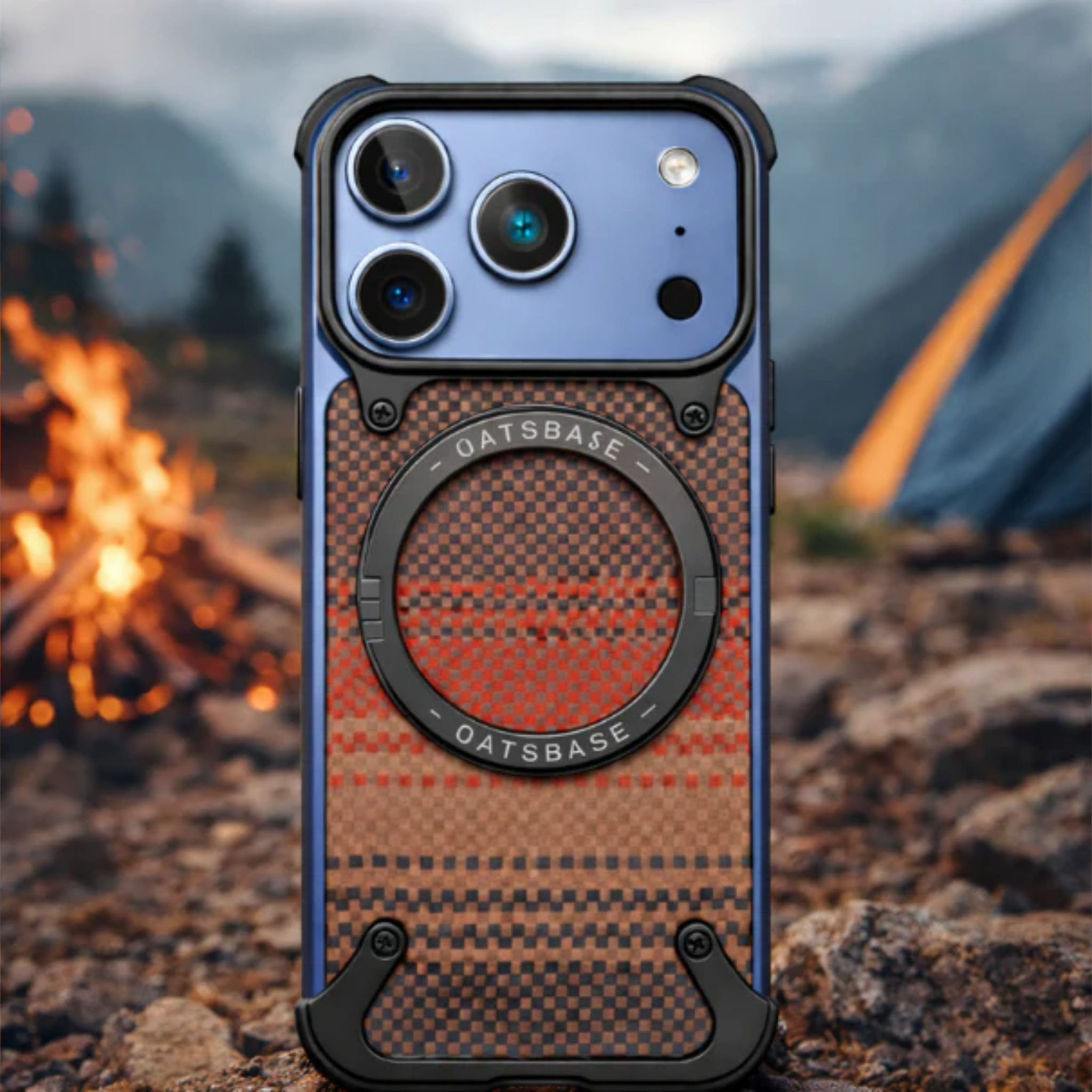 iPhone 17 Pro Max Tactical Metal Case with Carbon Fiber Back & Ring Stand - Black