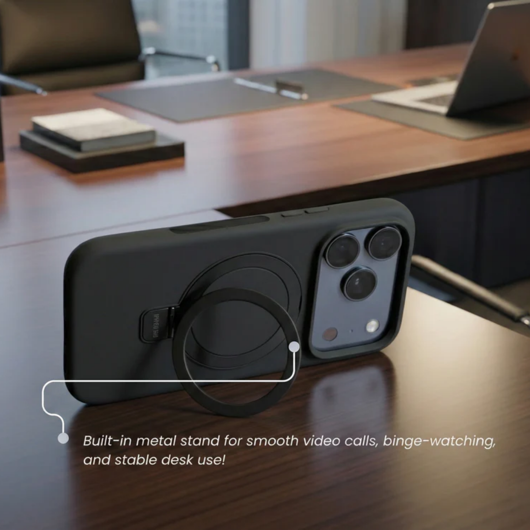 iPhone 17 Pro Premium MagSafe Silicone Case with 360° Ring Stand - Matte Black