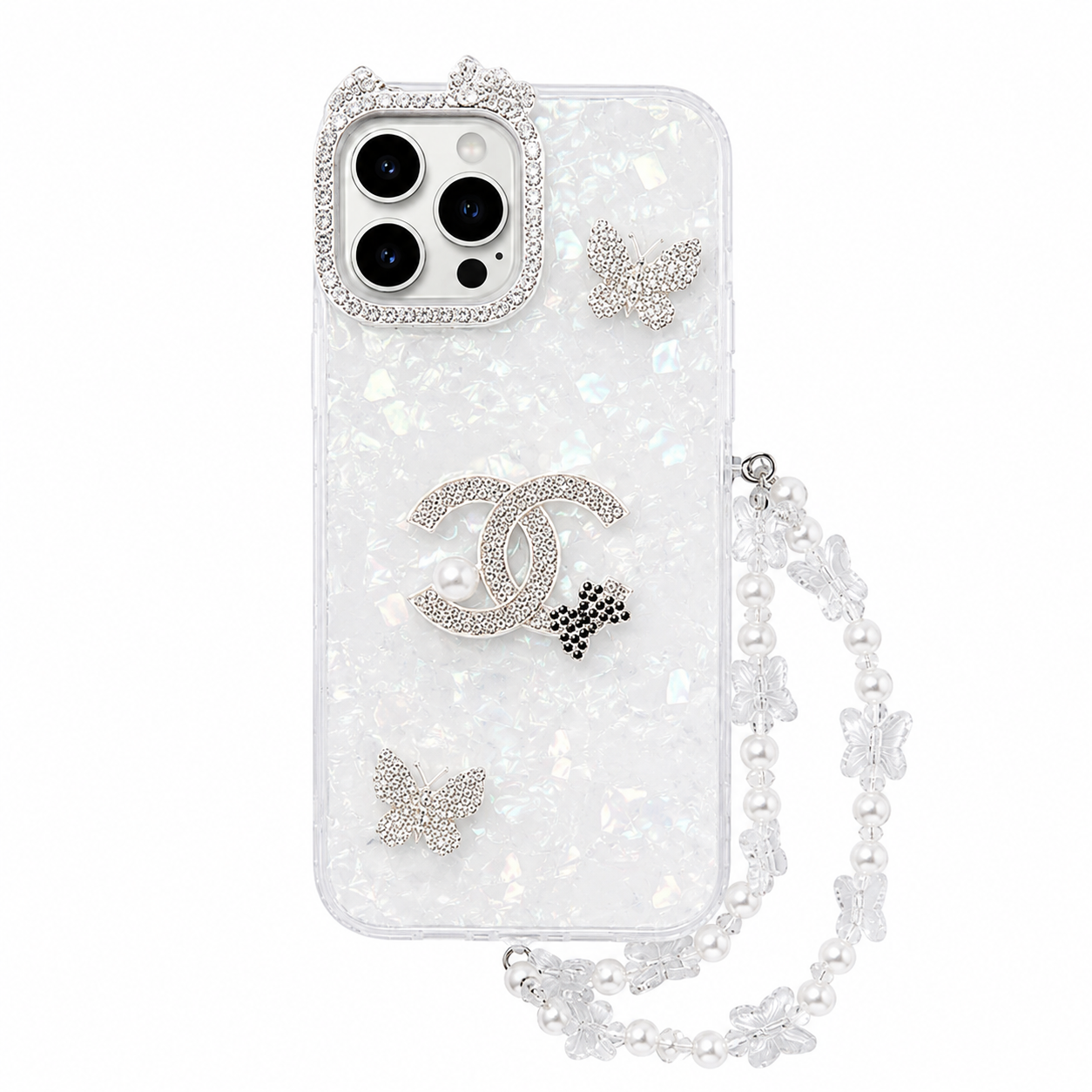 Butterfly Pearl Crystal Case with Wrist Strap for iPhone