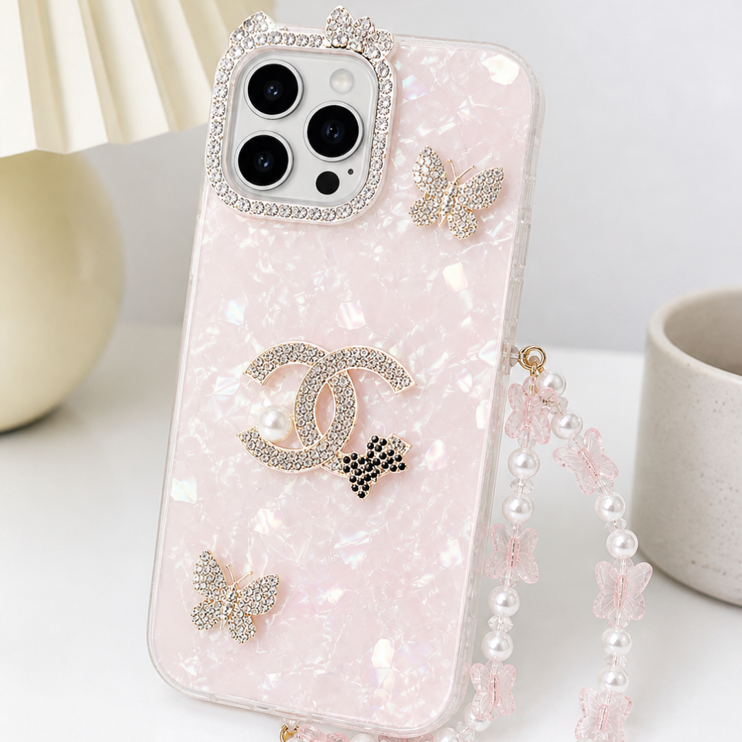 Butterfly Pearl Crystal Case with Wrist Strap for iPhone