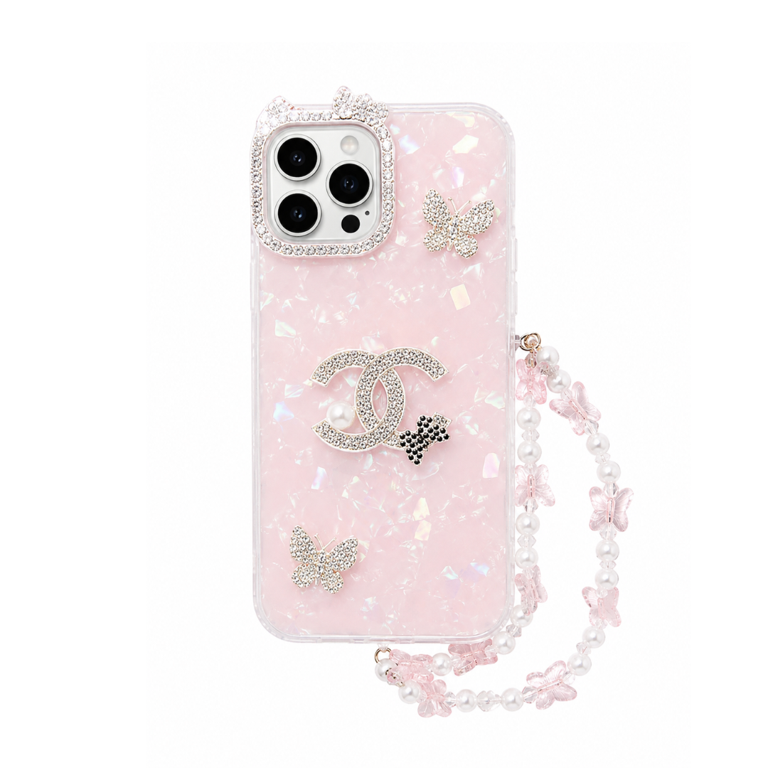 Butterfly Pearl Crystal Case with Wrist Strap for iPhone