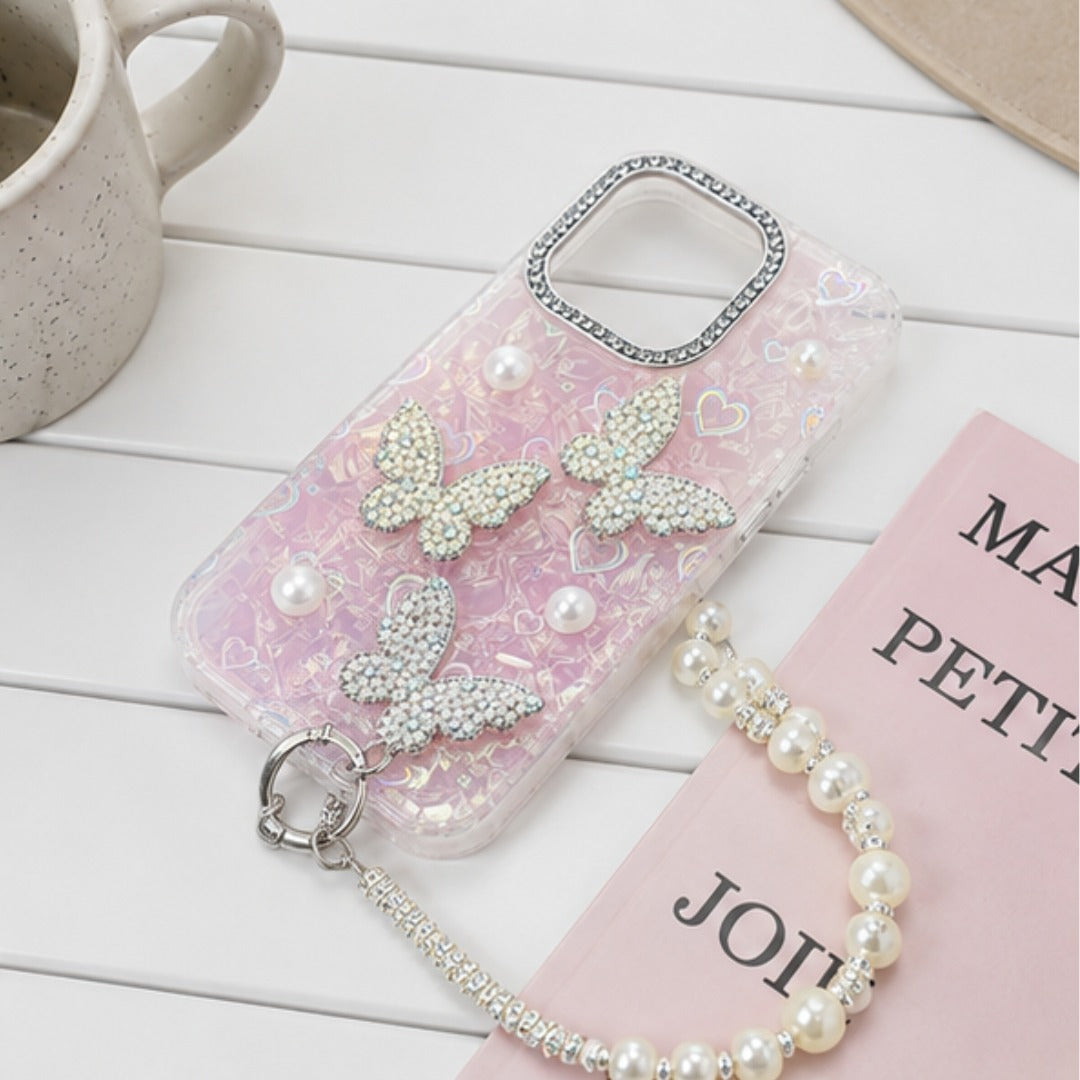 Luxury Butterfly Pearl Strap iPhone Mobile Cover with Charms