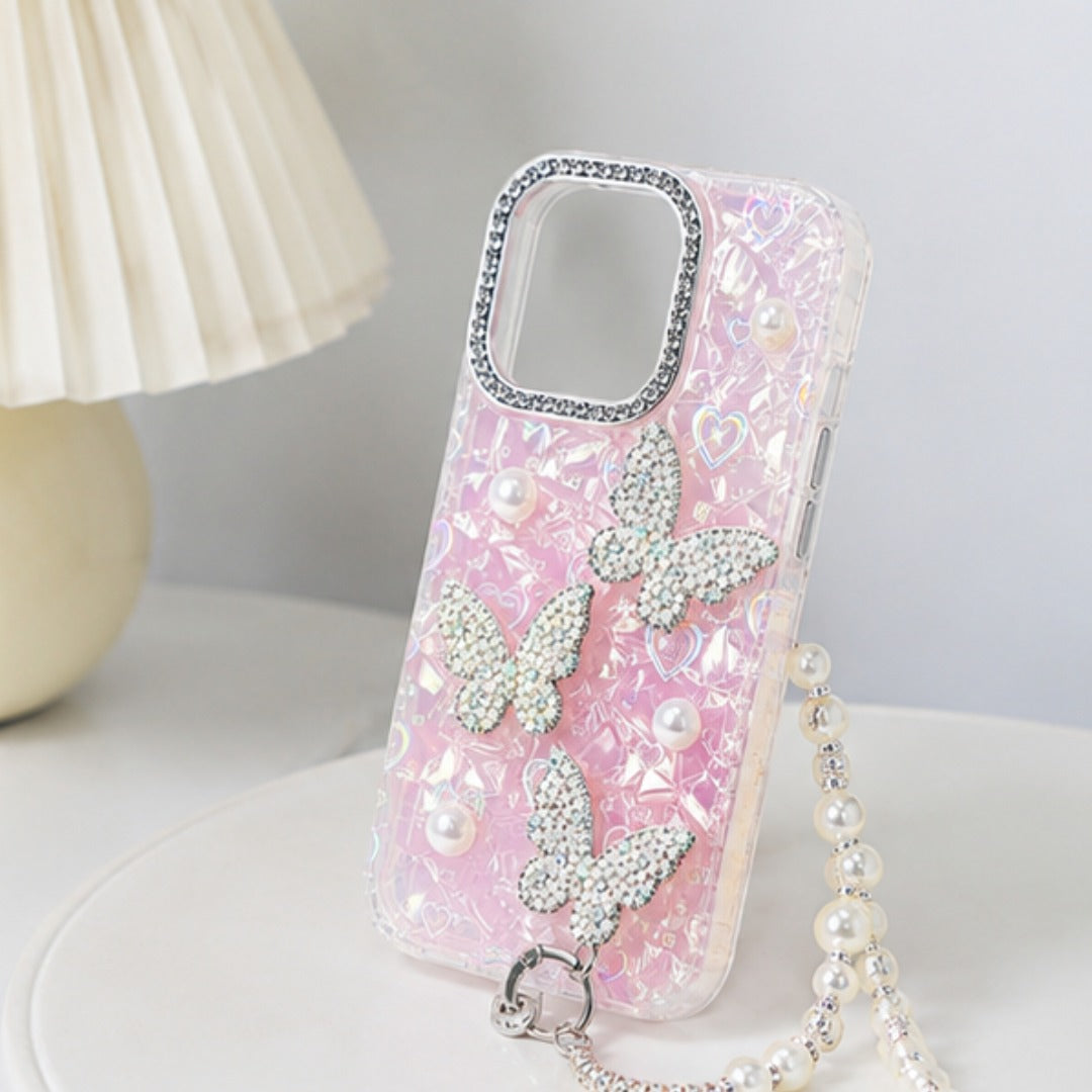 Luxury Butterfly Pearl Strap iPhone Mobile Cover with Charms