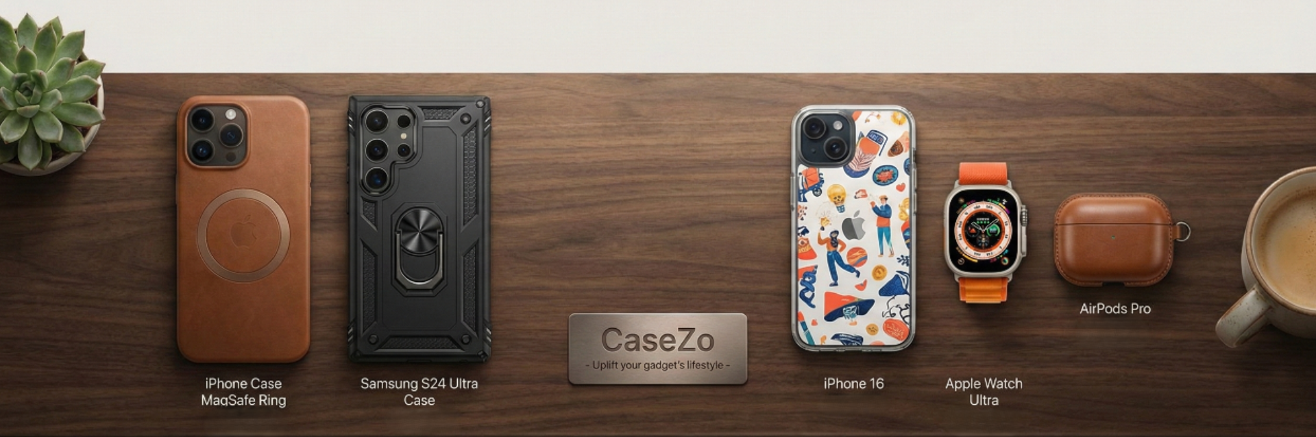 Collection of phone cases and accessories on a wooden surface with 'CaseZo' branding.